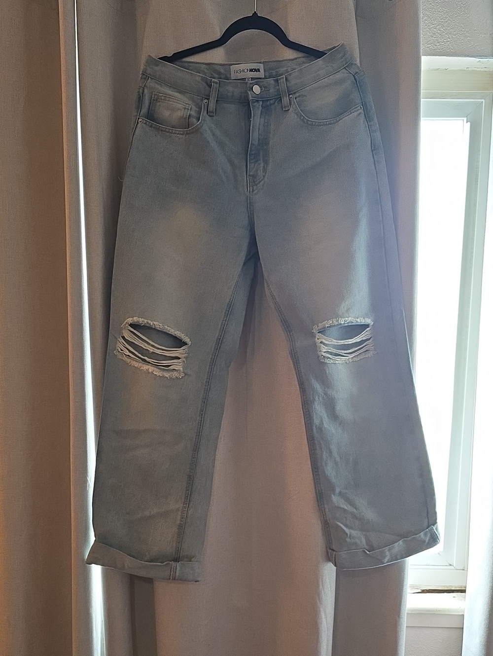 Fashion Nova Light Gray Distressed Boyfriend Jeans